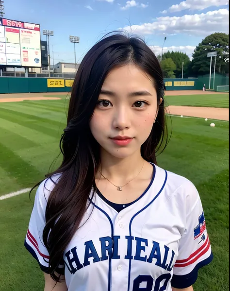 22 year old Japanese woman、The background is a baseball field、has a glove in hand、wearing a jersey、