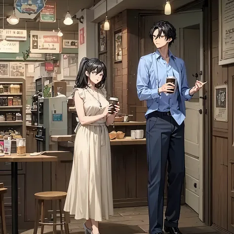 A man along with his wife wearing 1950s casual clothing, in a 1950s coffee shop, (environment with colors: F7CBD0, BADCCB,B4DDE3,FEEEB4.)
