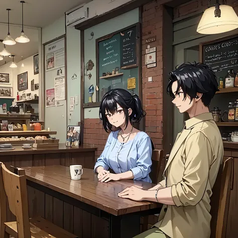 A man along with his wife wearing 1950s casual clothing, in a 1950s coffee shop, (environment with colors: F7CBD0, BADCCB,B4DDE3,FEEEB4.)
