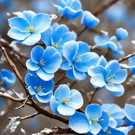 a close up of a flower on a branch with snow, digital art by Li Song, flickr, fantasy art, wow it is beautiful, beautiful depiction, cold blue colors, beautiful art, blues. beautiful, extremely beautiful and ethereal, beautiful detail and color, blue flowe...