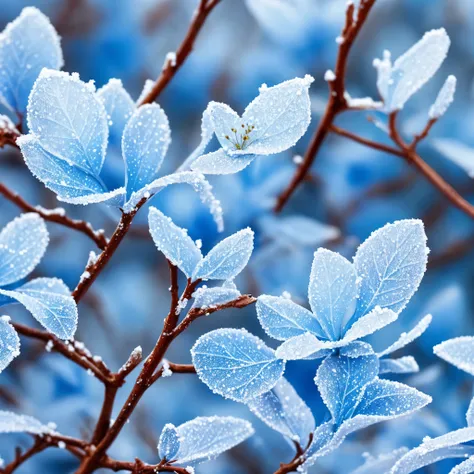 a close up of a flower on a branch with snow, wow it is beautiful, beautiful depiction, cold blue colors, beautiful art, extremely beautiful and ethereal, blues. beautiful, beautiful detail and color, blue flowers, beautiful!!!!!!!!!, beautiful!!! digital ...