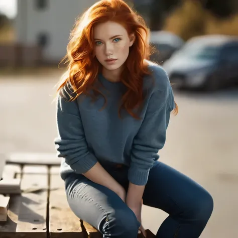 Woman,redhair, jeans, sweater