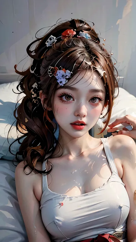 (((masterpiece)))、(((portrait)))、1 girl，lying flat on bed，Reddish-brown hair、curls、ponytail，red headdress、red eye、diffuse light、Dynamic shadows、sharp focus、reality、meticulous、high resolution、entertaining、White background、Not worn, lifelike, lifelike, Soake...