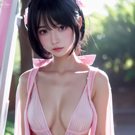  anime girl wearing pink wet clothes, clothes are transparent、realistic shadow, fine skin, very small breasts, black hair, hair ribbon, very detailed, 8K high definition face, perfect face shape, perfect lips, perfect nose, fix beautiful eyes, Audience, ma...