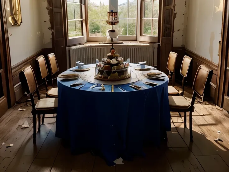 a long big royal banquet table, the party is over, the place is forsaken, there are no humans presents, a big, half eaten cake in the shape of a crown stands in the middle of the table, light comes in through the windows, the windows a broken, dust dances ...