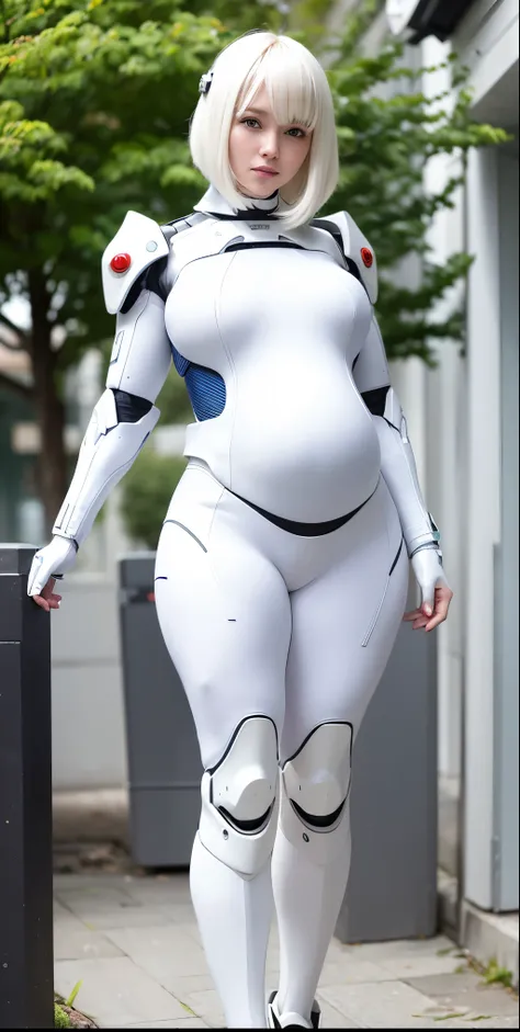 there is a woman in a white suit walking down the street, in white futuristic armor, porcelain cyborg armor, pregnant female cyborg, gynoid cyborg body, girl in mecha cyber armor, porcelain cyborg, biomechanical oppai, beutiful white girl cyborg, white cyb...