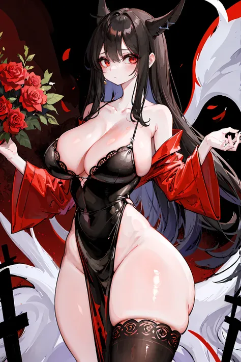 (8k,high resolution,masterpiece:1.2),devil girl,red corner,beautiful and delicate eyes,Beautiful and delicate lips,Extremely detailed eyes and face,long eyelashes,Sexy long black hair,fiery red eyes,Wearing a dark flowing robe,Floating in a misty forest un...