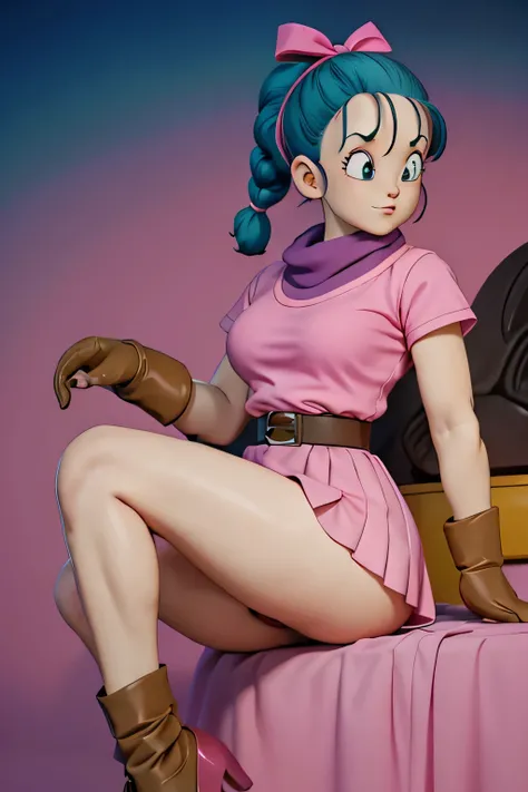 masterpiece, best quality, high resolution, dragon ball, blmpony, aqua hair, hair ribbon, braided ponytail, pink shirt, belt, scarf, pink skirt, clothes writing, brown gloves, medium breasts, in back mini pink dress, sitting, legs crossed, very sexy. CROSI...