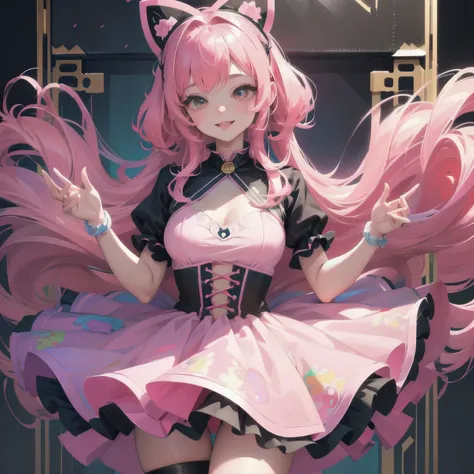 (ultra detailed,best quality,4k,highres,masterpiece:1.2), cute solo girl with hellokitty style, with long pink and black hair, friendly smile and expressive eyes, surrounded by a vibrant background featuring pink and black motifs. The girl wears a stylish ...