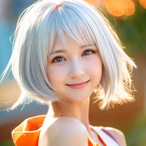 Anime-style white hair, baby face, droopy eyes, orange eyes, full bob hair, looking forward, woman in bright colored dress, smiling