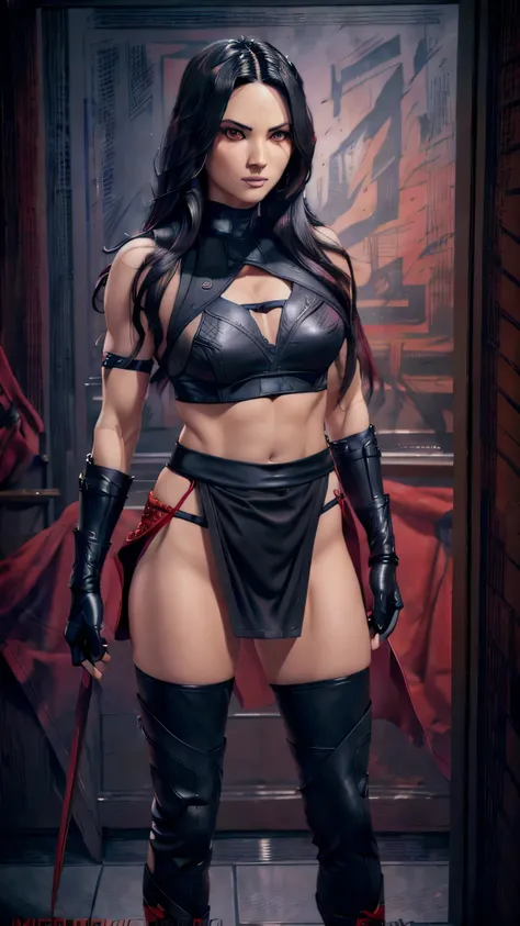 olmun as Kia from Mortal Kombat, black loincloth skirt with red patterns, black sleeveless crop top, thigh high boots on heels, gloves, accessories, make-up, long black hair, seductive, sexy, hot, sultry, shapely, intricate, high detail, sharp focus, drama...