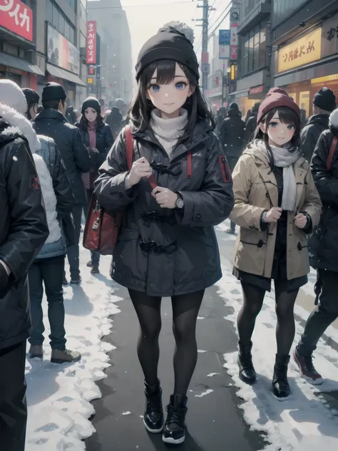 perfect body, perfect breasts, wearing a beanie, wearing a winter jacket, wearing a duffle coat, carrying a bag, wearing a watch, wearing earrings, in public, creatures in Tokyo city, on the street, snow in road, its snowing, looking at the viewer, a sligh...