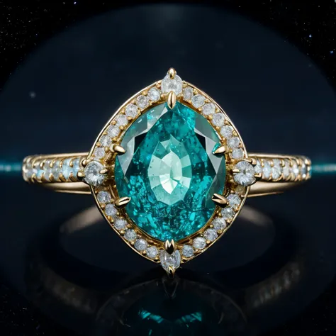 A celestial emerald ring, inspired by Vincent van Goghs ethereal landscapes, where the nested compartments of the ring unfold like a cosmic labyrinth, each facet revealing a unique and mesmerizing jewel that sparkles with cosmic fire.