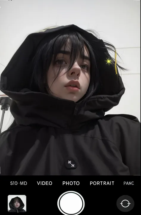 Arafed image of a woman with a hood and a camera., black haired chica con sudadera con capucha, usando una capucha oscura, capucha y sombras que cubren la cara, Dua Lipa, chica con sudadera con capucha, Capucha negra, in a Capucha negraie, billie eilish co...