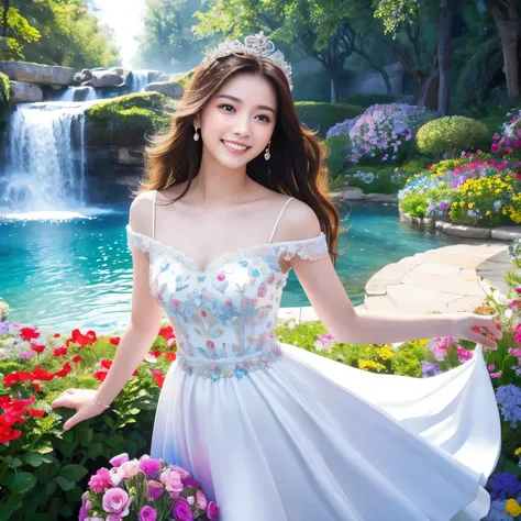 (highest quality、table top、8k、best image quality、hyper realism)、Princess、highly detailed face、upper body photo、(look at me最大の笑顔、the happiest smile), look at me、long hair fluttering in the wind, (Colorful flower garden、colorful flower garden in heaven), (Th...