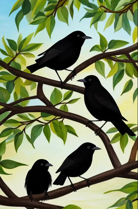 painting of two black birds sitting on a branch of a tree