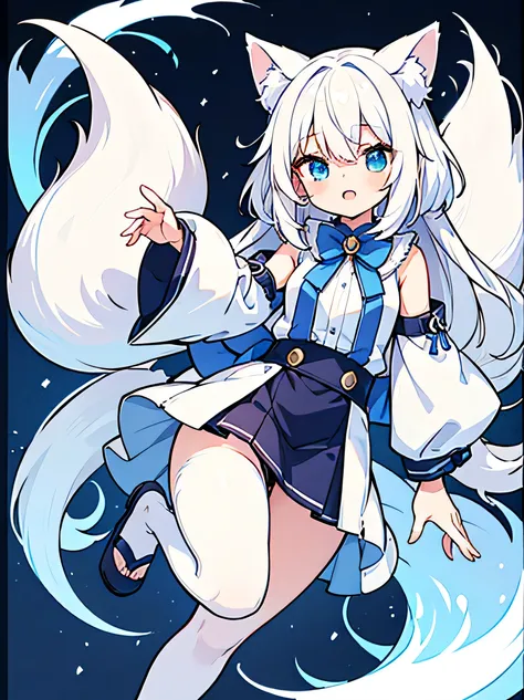 Anime girl with white hair and blue eyes wearing a short skirt, white fur fox,  white fox anime, white fox,  white cat girl,  white fox ears, very beautiful anime cat girl, vampire white fox, Cute style of women&#39;s furry mini, anime female characters