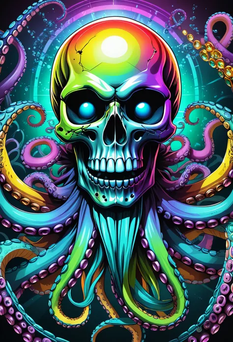 Professional t-shirt design vector, truly impressive, 8k, ultra high definition(((Skull parasitized by octopus))), (metal skull), ((Permanently installed)), ((((face close-up)))), glow cross background，light composition，(rainbow，rainbow围绕头骨)，Full of energy...