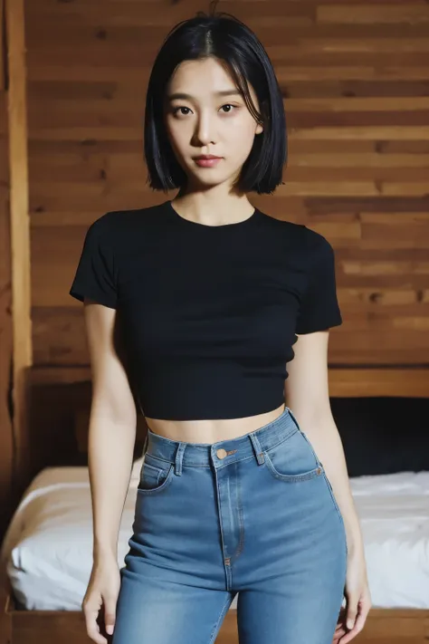 wearing jeans, black t-shirt,bob hair ,the highest quality,4k, standing,