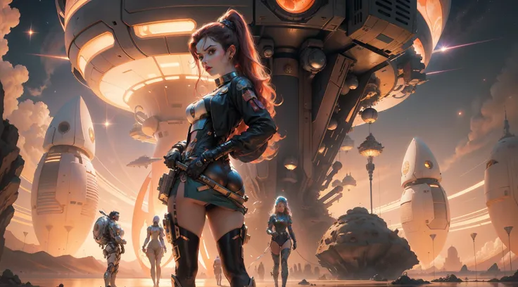 there is a woman standing in front of a spaceship with a lot of people, film key art, mars attacks, pablo dominguez, megara, by Christopher Moeller, aesthetic / a riot in mars, 60s, charli bowater and artgeem, cosmic girl, by Wojciech Siudmak, barbarella