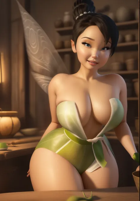 (TinkerWaifu:1), smile, cute, cute pose, looking at viewer, thick thighs, single hair bun, short hair, (strapless green dress:1), transparent dress, (fairy wings), sitting, (breast focus:1.2), visible nipples, from above, open legs, visible underwear, whit...