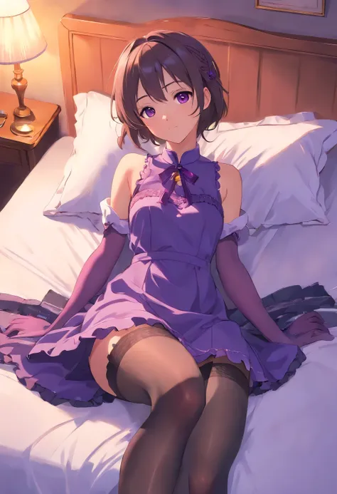 Anime girl in purple dress and stockings on bed