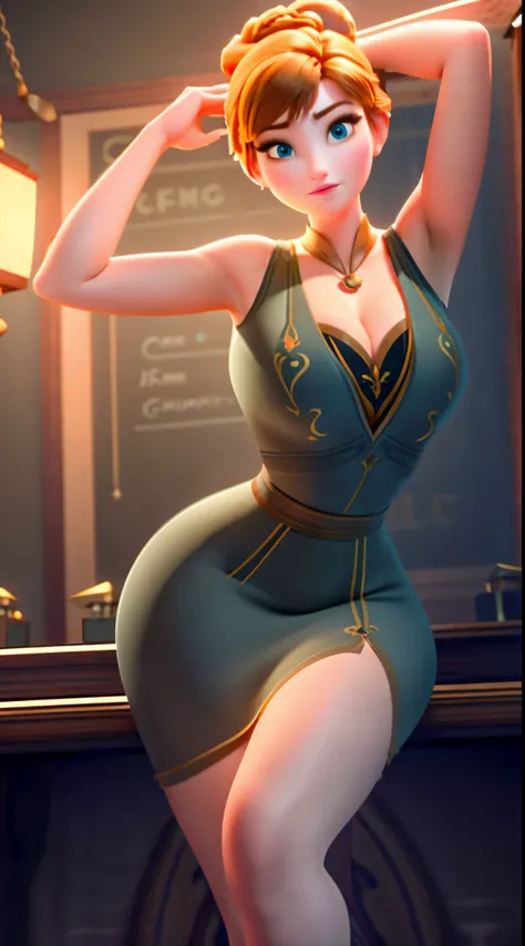 Photo of Anna of Arendelle as a teacher, teacher, teacher clothes, mini dress,  Anna from Disney Frozen movie, tall and sexy, superb face, perfect body, provocative, Nice, show breasts, huge breasts, tall, sexy legs, bursting huge breasts, wide hips, busty...