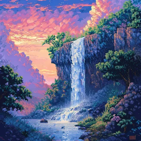 (pixel art style, masterpiece, best quality:1.2), waterfall, colorful, vibrant