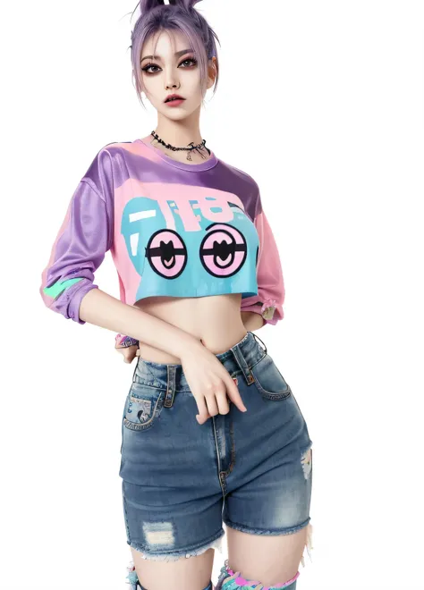 Arafe girl with purple hair and pink top posing for a photo, cute shirt and jeans, glitch punk girl, cyberpunk costume, pastel goth, pastel goth aesthetic, 8 0 Airbrush Aesthetics, working girl, Dark Neon Punk