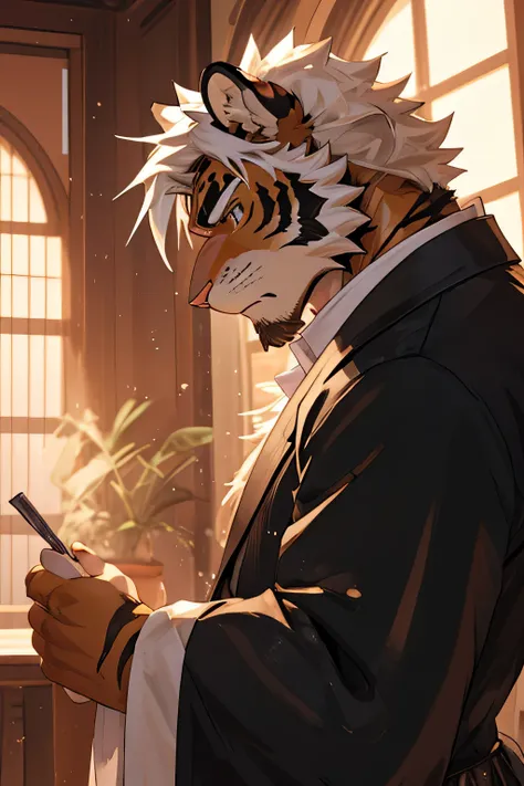 watercolor，Ukiyo-e art，etching，prime time，natural lighting，Sunlight，etching，Kyoto Manga，male，hairy，tiger，white hair，black eyes，golden pupils，Strong body，face close-up，whole body，moody，octave render，High purity shades，high detail，high quality，contour，godfat...