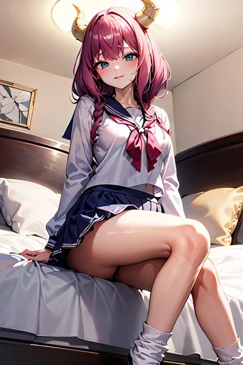 very delicate and beautiful girl,8k wallpaper,masterpiece,danntoudainoaura,Bedroom,1 girl,alone,devil&#39;s horns,devil girl,long hair,medium breasts,(school uniform),((loose socks)),pumps,white blouse,(sit on the bed),looking at the viewer、Photo from belo...