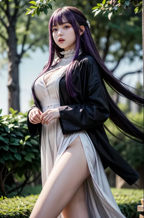 masterpiece, best quality, absurdres, perfect anatomy, 1girl, solo, FernFrieren, very long hair, purple eyes, (purple pupils), Transparent white dress, black robe, large breasts, 