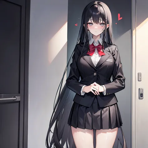 1 very tall girl. Long, black, untied hair with snap hair clips. Hazy gray eyes. Crazy Yandere. School Girl uniform. Busty. Blazer. Short skirt. sweating and blushing. Love. Stalker. 6 feet tall. mature. heart eyes. knife.