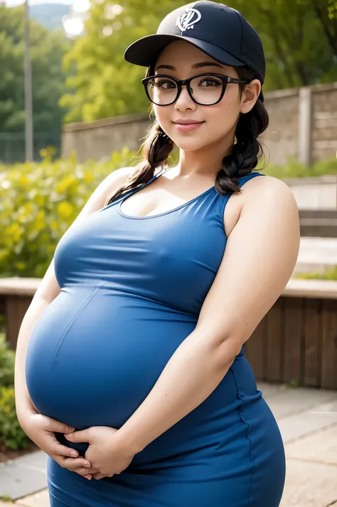 Beautiful woman, curvy body shape, wide waist, fitting breasts, (huge pregnant),curvy accentuated booty, pigtails, light smile, glasses, baseball cap, taniaayusiregar, transparent summer dress, sneakers, posing for a picture, small Mountain village in back...