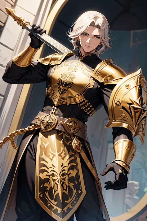 Personagem masculino, cavaleiro, armadura dourado, RPG, fantasia, Cabelo loiro, Lion&#39;s shield