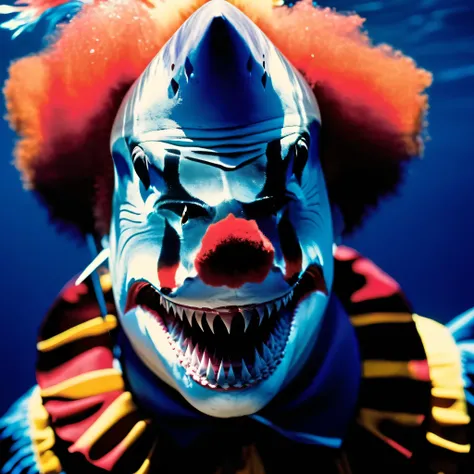 photo of a shark, cinematic movie still :1 AND photo of a clown, cinematic movie still :1