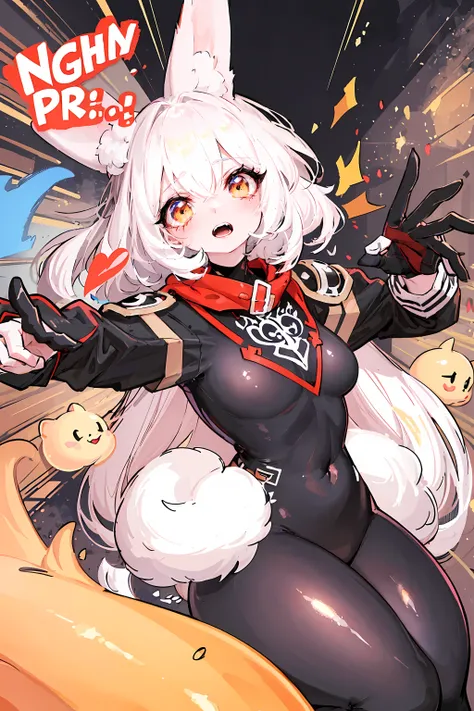 (best quality,high resolution,masterpiece:1.2),Super detailed,Cute bunny armor,cartoon style,illustration,funny expression,cute furry ears,shiny metallic details,bright colors,Action pose,Lighting effects,comics