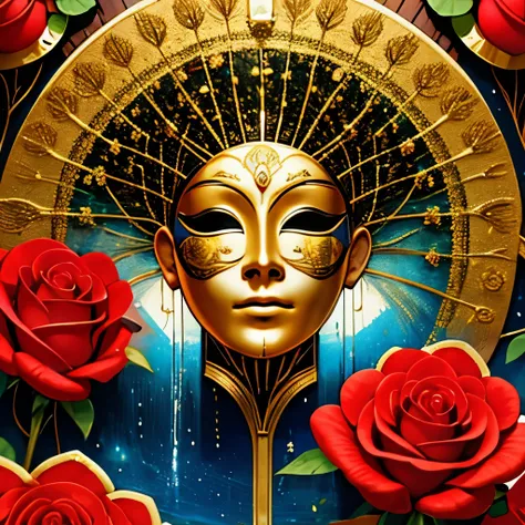 （best quality，4k，masterpiece：1.2），super detailed，lifelike:1.37，Beautiful symmetrical mask oiled with thick brush strokes and wet paint, Proportional gold, melted wax |, Visible strokes, Symmetrical mask in roses，White mask surrounded by roses, Mosaic wiref...