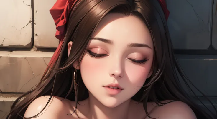 Close up shot of a woman who has closed her eyes and parted her perfect lips, blushing very hard, kissable face and lips, amazing makeup, against a wall