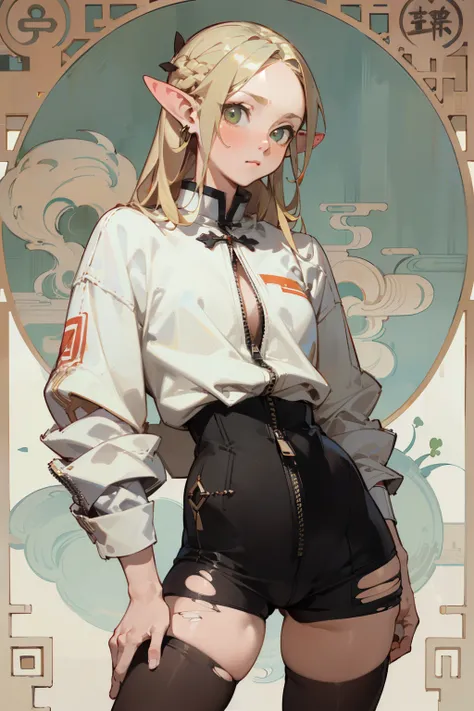 (masterpiece, best quality) detailed, Wearing black tights, silver accessories , zipper unzipped , Blonde ,elegant, pointed ears ，Chinese element pattern，thigh，漏出thigh，White shirt，torn clothes，Alphonse Mucha