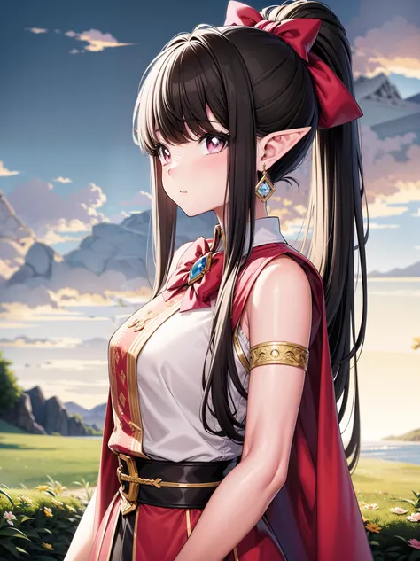 (masterpiece), (best quality), (perfect anatomy), Fair skin, Elf girl, pink eyes, black hair in a hime hairstyle, ponytail, pink bow, gold earrings, fantasy scenery