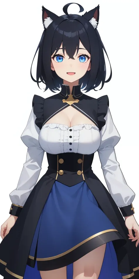 on lap,((((upright)))), ((((stand up)))), looking at the viewer, simple background、white background, 1 girl, open your mouth, smile, Virtual YouTuber、with a girl、((highest quality, expensive_solve, clear_image)),(black hair), (black cat ears), (Ahoge), (ri...