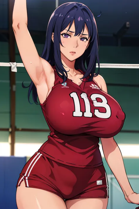 showing her armpits, (voleyball t-shirt), (voleyball short pants), volleyball court background, NJAkiV4, oda non style, anime cels style, pink lipstick, purple eyes, (long hair), best quality, high resolution, (cowboy shot, 1 girl, 30yo,Young female,Beauti...