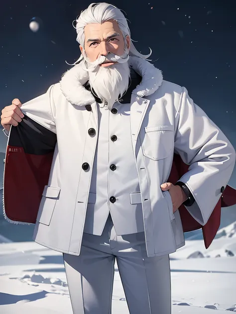 1Adult, 50 years old, white hair, white fur jacket, black trousers, mustache and beard, black eyes, standing at the north pole,smile, blizzard 