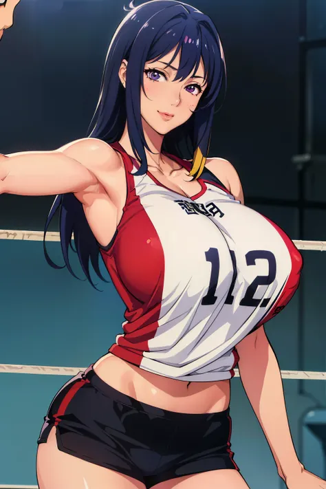 showing her armpits, (voleyball t-shirt), (voleyball short pants), volleyball court background, NJAkiV4, oda non style, anime cels style, smiling,  (lipstick), purple eyes, (long hair), best quality, high resolution, (cowboy shot, 1 girl, 30yo,Young female...