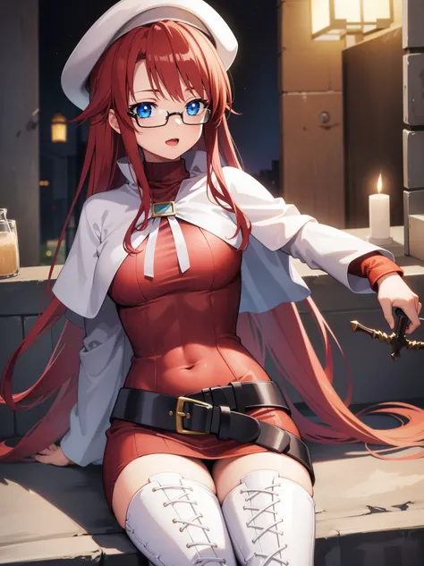 summonnightaty, aty, long hair, blue eyes, red hair, beret, hat, glasses,
BREAK long hair, thighhighs, hat, dress, boots, glasses, belt, cape, sweater, zettai ryouiki, beret, thigh boots, white footwear, ribbed sweater, loose belt,solo,
BREAK outdoors, fan...