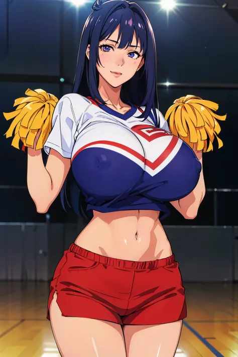 (cheerleader t-shirt), (cheerleader short pants), basketball court background, NJAkiV4, oda non style, anime cels style, smiling, (lipstick), purple eyes, (long hair), best quality, high resolution, (cowboy shot, 1 girl, 30yo,Young female,Beautiful Finger,...