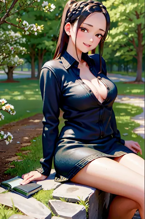 best quality, masterpiece, nice hands, perfect hands,komi, smile,medium  breasts, black Cardigan, sitting under a tree, reading a book, detailed skin texture, (blush:0.5), (goosebumps:0.5), subsurface scattering,sit cross leg,medium thighs