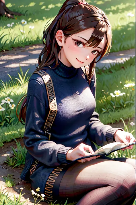 best quality, masterpiece, nice hands, perfect hands,komi, smile,medium  breasts, black Cardigan, sitting under a tree, reading a book, detailed skin texture, (blush:0.5), (goosebumps:0.5), subsurface scattering,sit cross leg,medium thighs