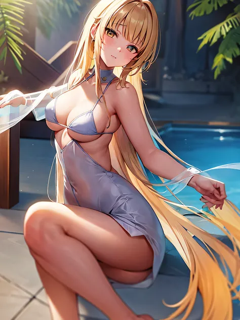 highest quality, 8K, highest quality, anime, solo girl, blonde, long hair, yellow eyes, looking at the viewer, Highly detailed art buds, official artwork, full body shot, young face, cute face, slender body shape, Highly detailed face and skin texture, fin...